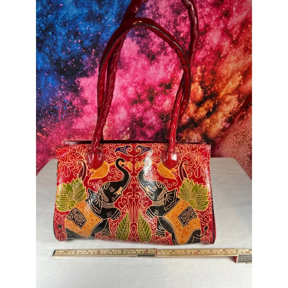 Patricia Nash Kavali Shantiniketan Leather Elephant Satchel Red Multi P812395
